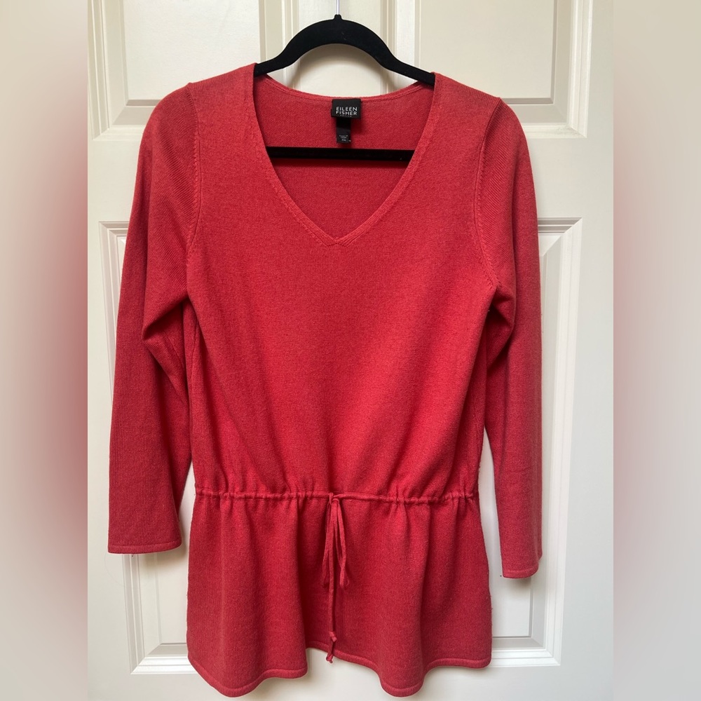 Eileen Fisher coral silk/cashmere v-neck cinch waist sweater
